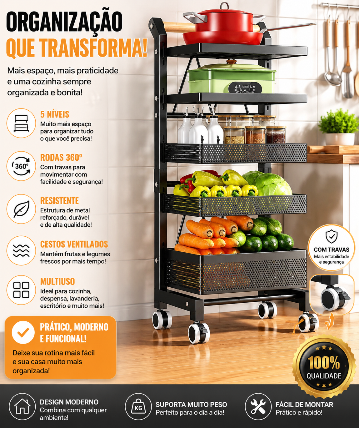Nestora™ – Tudo no seu lugar. Carrinho Organizador Multiuso de 5 Níveis com Rodas