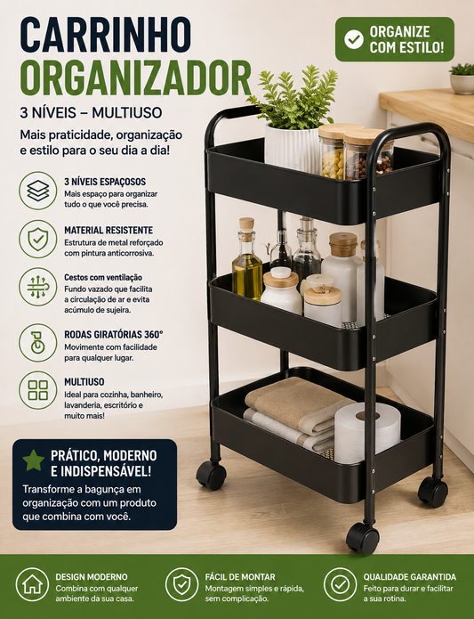 Nestora™ – A beleza da organização. Carrinho Organizador Multiuso de 3 Níveis com Rodas